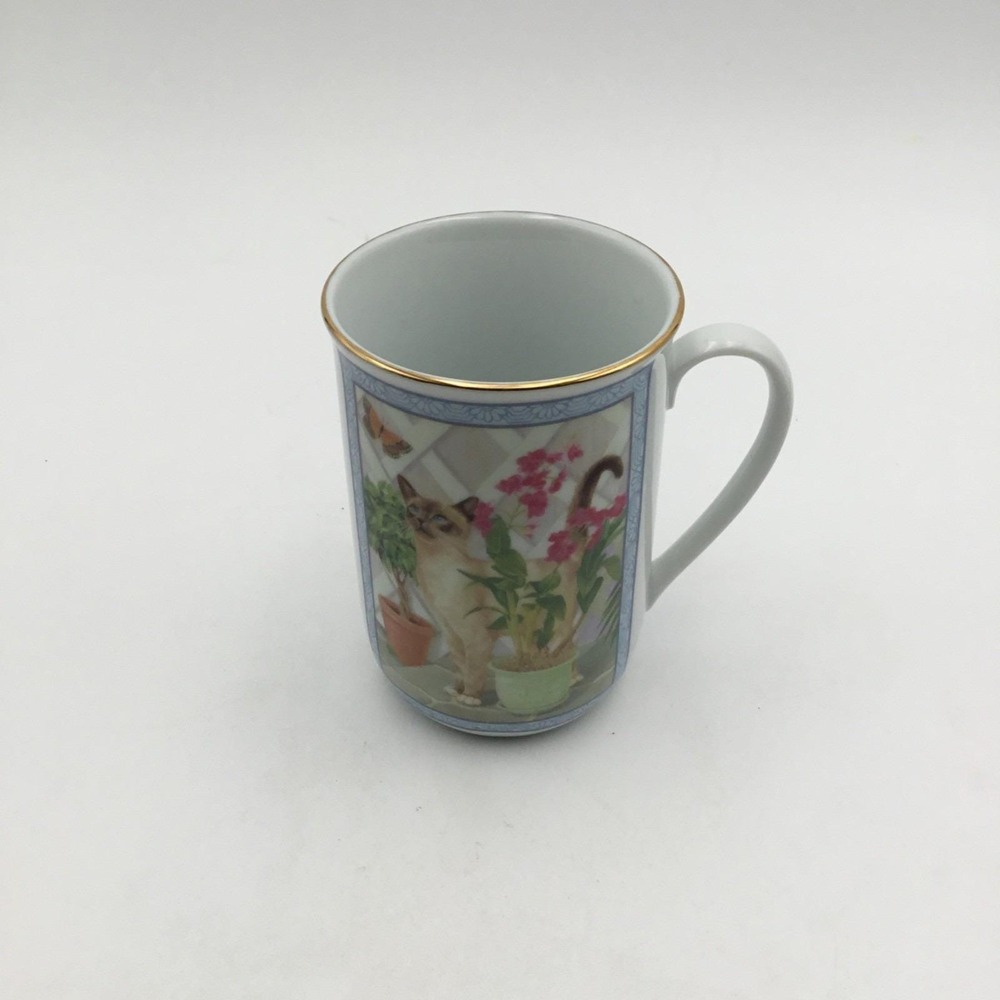 Vintage Fine Russ  Mug With Cat & Floral Design Gold Rim